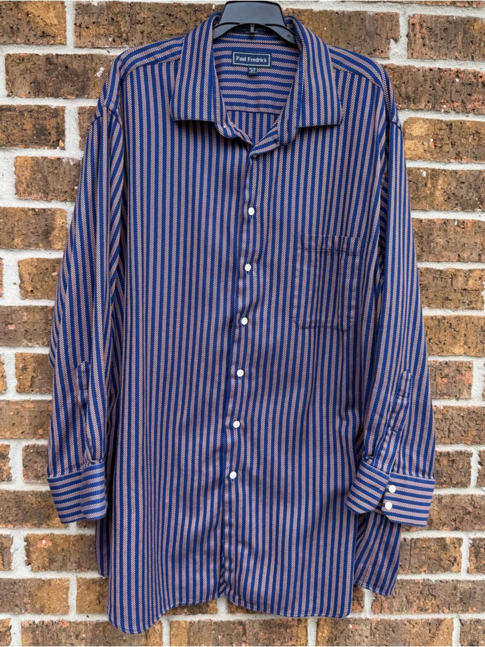 Paul Fredrick Blue Orange Stripe Long Sleeve Casual Dress Shirt Sz 18 1/2-34